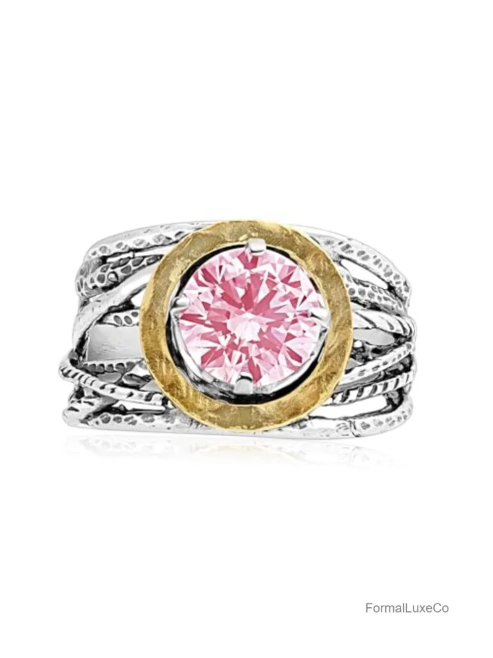 925 Sterling Silver Two Tone Wire Wrap Ring with Pink CZ